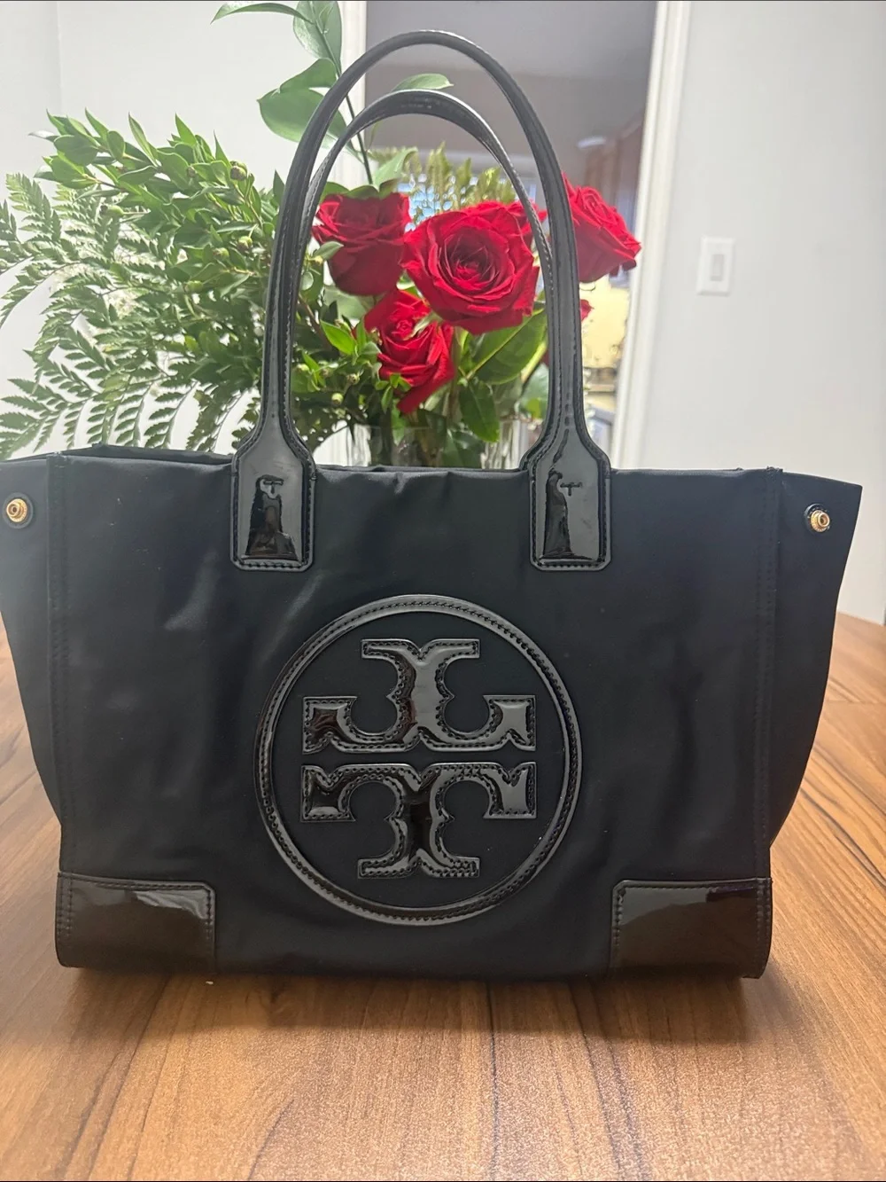 Tory Burch Black Nylon Tote with Patent Logo Accents